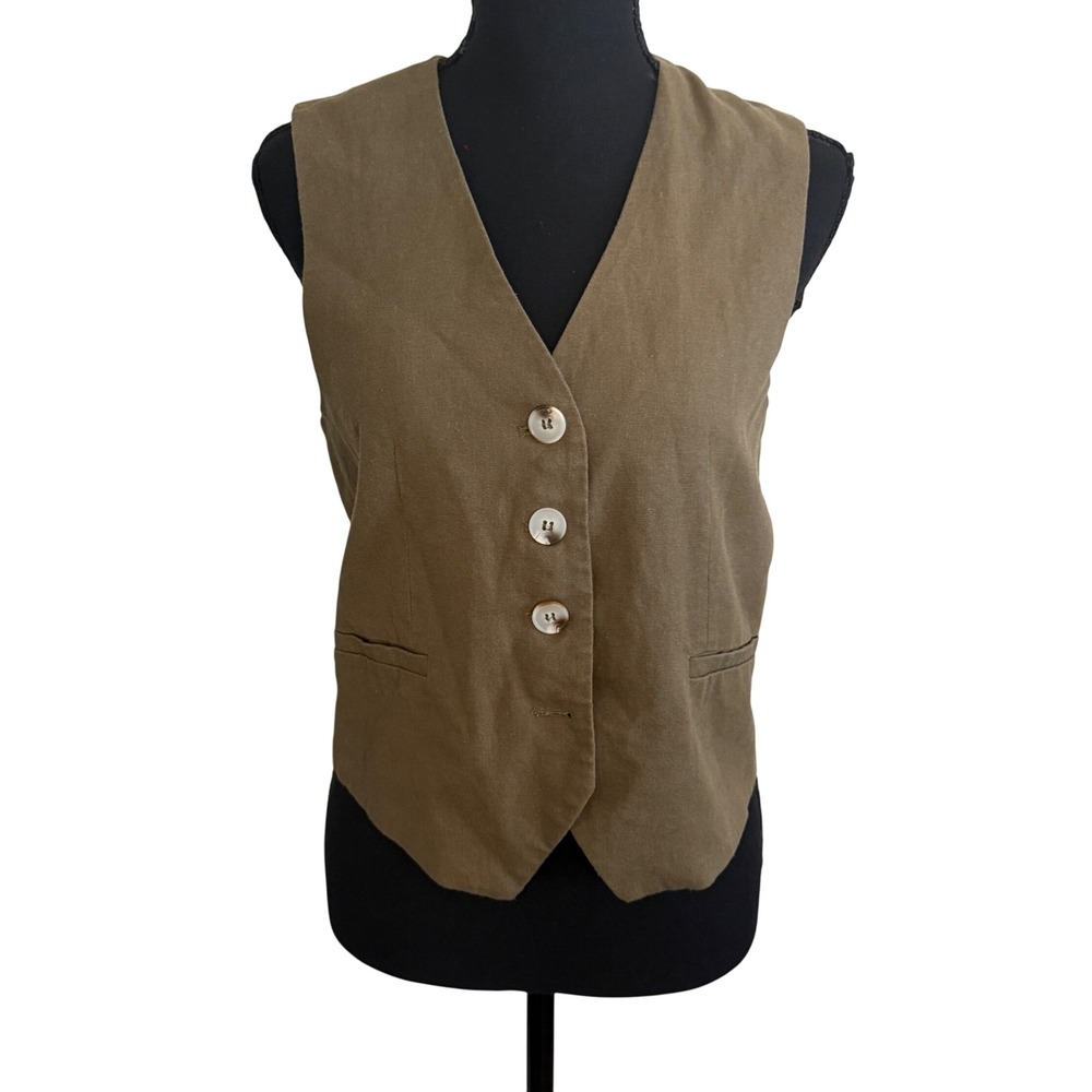 Katch Me Womens Olive Green Linen Blend Vest S Coastal Grandmother Earthy - Picture 1 of 7